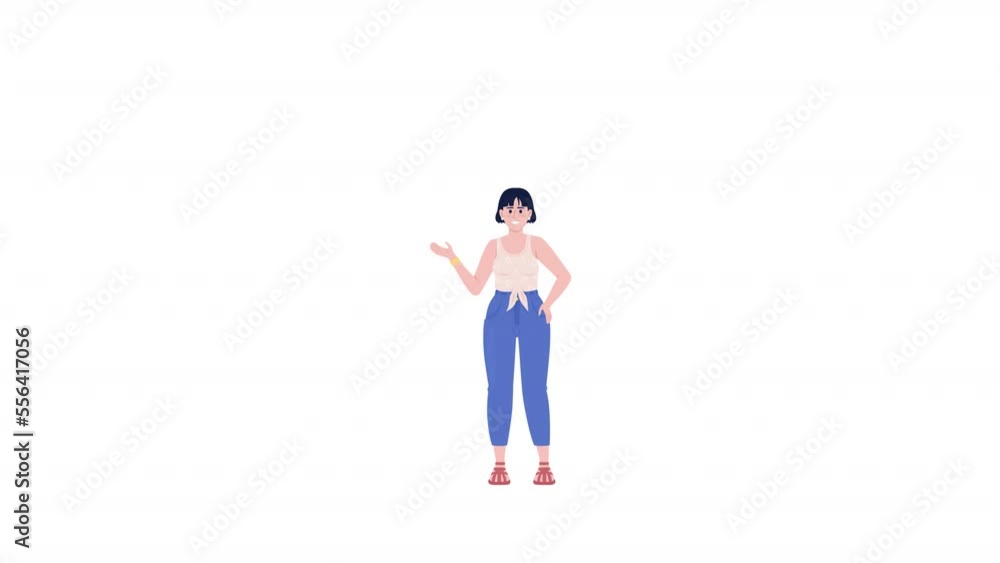 Animated friendly female character. Saying hello in Chinese. Full body flat person on white background with alpha channel transparency. Colorful cartoon style HD video footage for animation Animated friendly female character. Saying hello in Chinese. Full body flat person on white background with alpha channel transparency. Colorful cartoon style HD video footage for animation