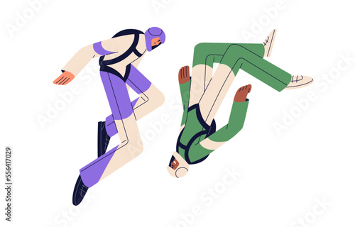 Couple with parachute backpacks during extreme skydiving free fall. Active man and woman flies down, jumpers skydivers floating in air. Flat graphic vector illustration isolated on white background