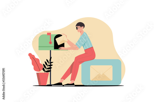 Email service concept with people scene in the flat cartoon design. Guy puts the letter in the mailbox so that it will get to the recipient later. Vector illustration.