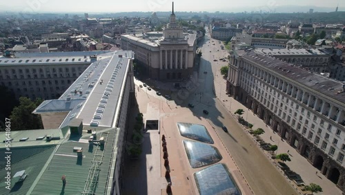 Aerial Flying Towards Parliament Of Bulgaria Building In Sofia. Establishing Shot photo