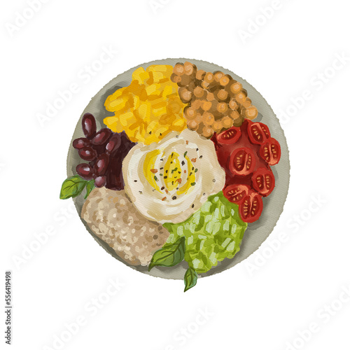 Watercolor food illustration of vegan dish with peas, tomatoes cherry, chickpeas, beans, hummus