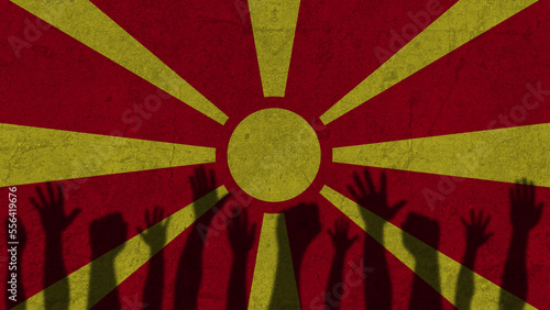 Protesters hands shadow on Macedonia flag, political news banner, against the decision concept