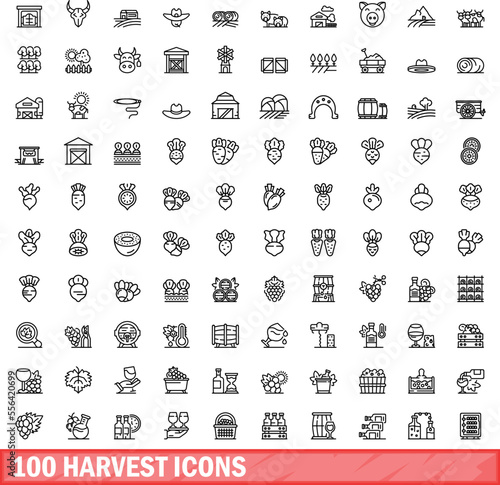 100 harvest icons set. Outline illustration of 100 harvest icons vector set isolated on white background