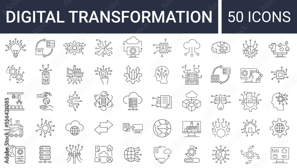 Set of 50 digital transformation simple icons. Collection of line icons as digital services, internet, cloud computing, technology. Editable stroke.  Vector illustration