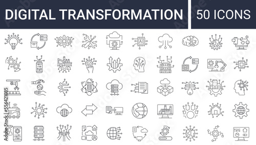 Set of 50 digital transformation simple icons. Collection of line icons as digital services, internet, cloud computing, technology. Editable stroke.  Vector illustration photo