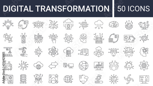 Set of 50 digital transformation simple icons. Collection of line icons as digital services, internet, cloud computing, technology. Editable stroke.  Vector illustration