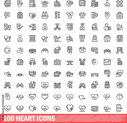100 heart icons set. Outline illustration of 100 heart icons vector set isolated on white background