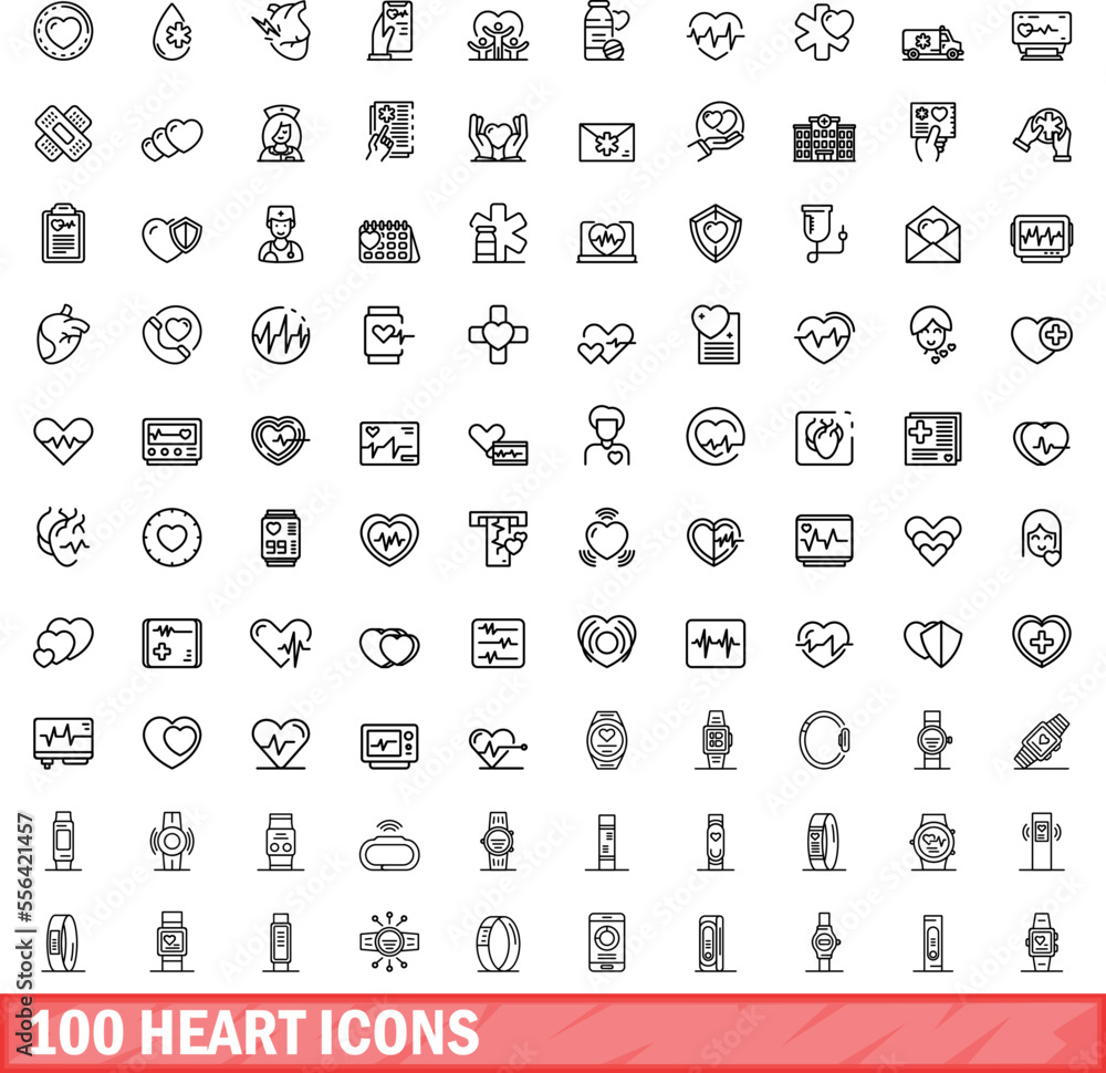 100 heart icons set. Outline illustration of 100 heart icons vector set isolated on white background