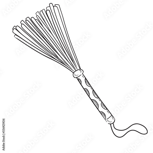 Leather whip knout with tassels in black isolated on white background. Hand drawn vector sketch illustration in doodle engraved outline style. Sexual adult role games, dominance, BDSM.