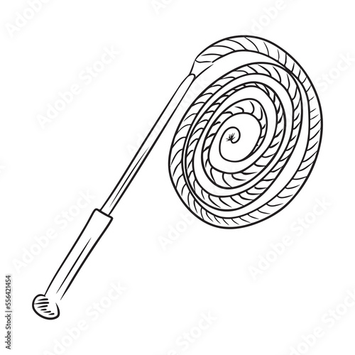 Leather whip knout in black isolated on white background. Hand drawn vector sketch illustration in doodle engraved outline style. Sexual adult role games, dominance, BDSM, animal training.