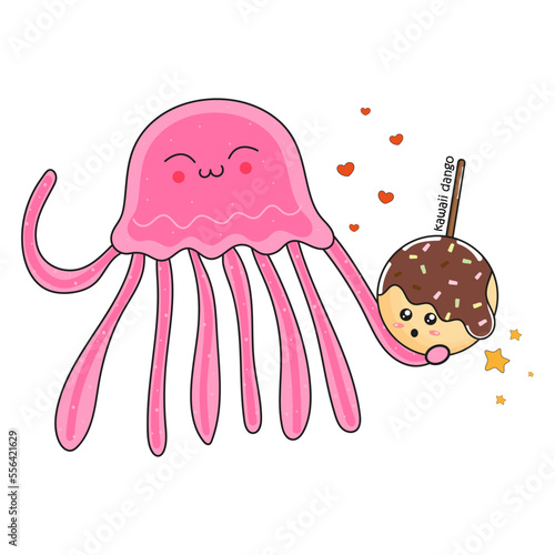Sweet dango and cute jellyfish in the style of kawaii