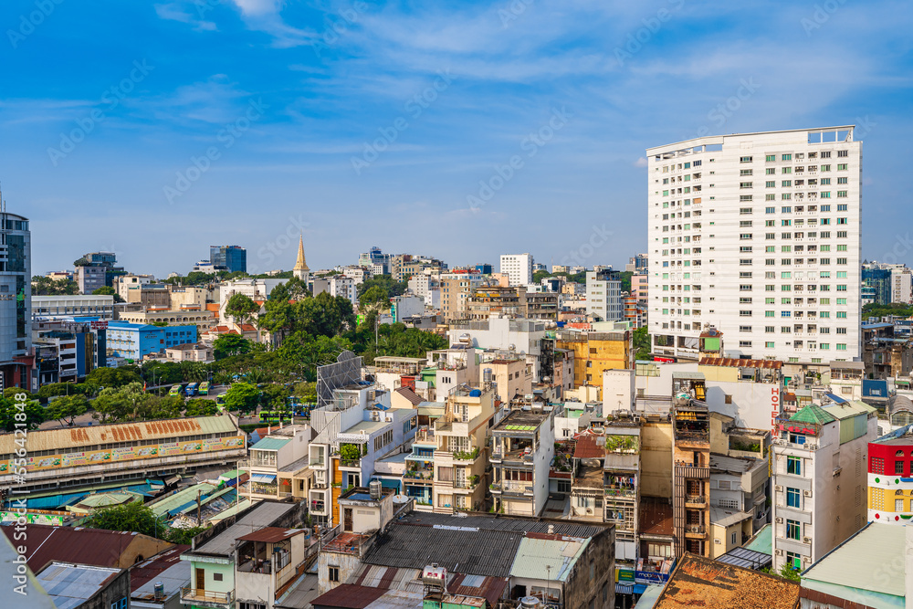 Ho Chi Minh City, Vietnam - December 20, 2022: Beautiful afternoon in District 1, Ho Chi Minh City, known as Saigon, a developed city of Vietnam with many skyscrapers. View to Bitexco, Landmark 81.