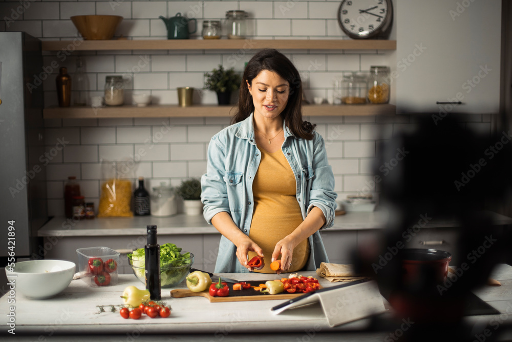 Beautiful pregnant woman filming cooking vlog. Happy woman filming her blog about healthy food at home