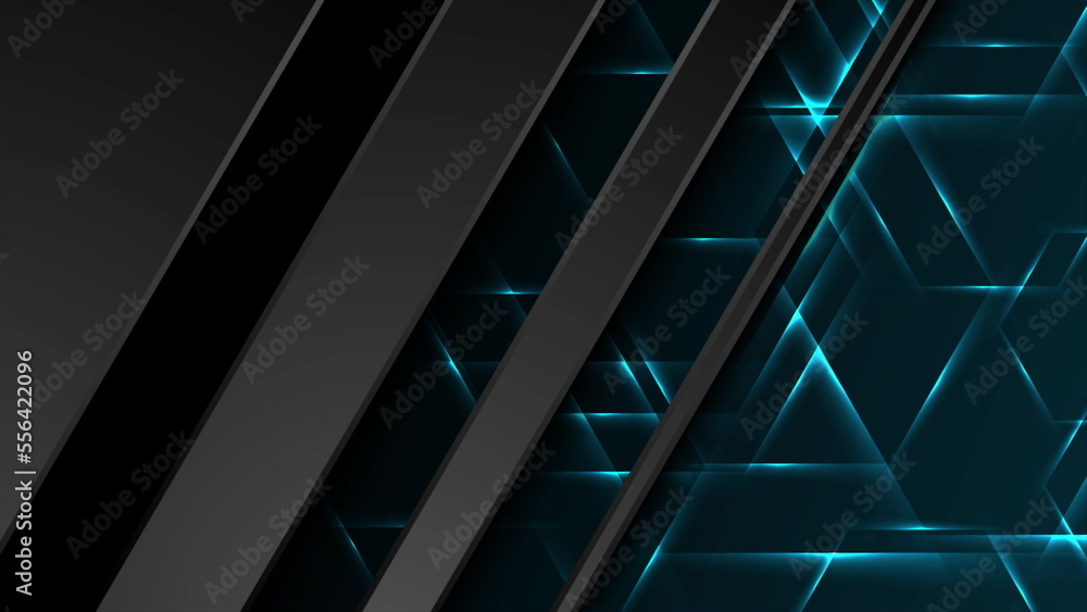 Naklejka premium Black abstract hi-tech design with neon glowing hexagons