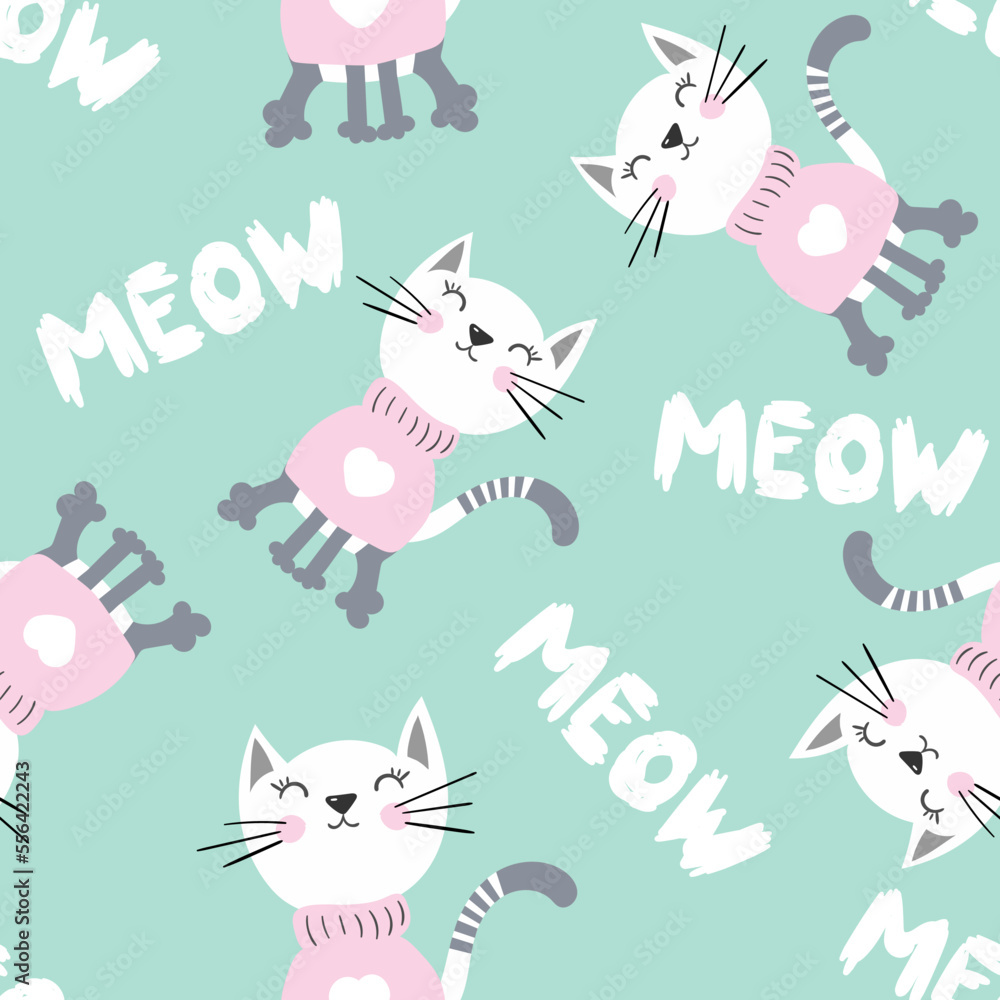 Cute cats seamless pattern. Nursery design for children with kittens and inscription Meow on girlish mint background
