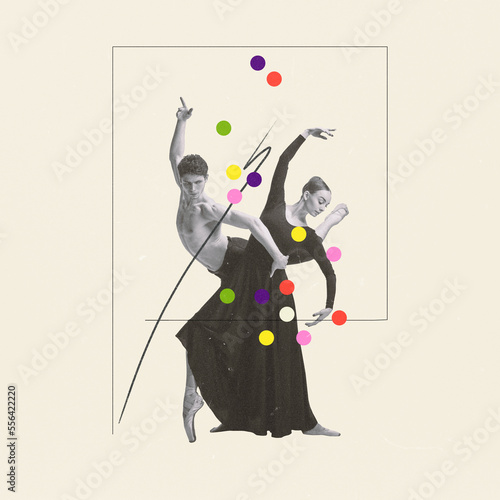 Creative art collage. Classical performance. Man and woman, ballet dancers dancing over light background