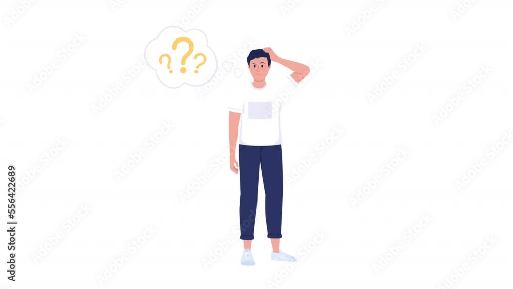 Animated embarrassed man. Confused male. Questions. Full body flat person on white background with alpha channel transparency. Colorful cartoon style HD video footage of character for animation Animated embarrassed man. Confused male. Questions. Full body flat person on white background with alpha channel transparency. Colorful cartoon style HD video footage of character for animation