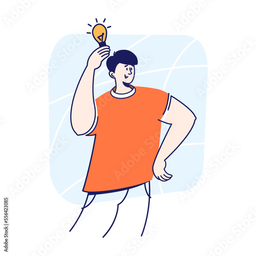 Happy man with an idea holding light bulb in eureka moment, solution, insight concept flat vector illustration. photo