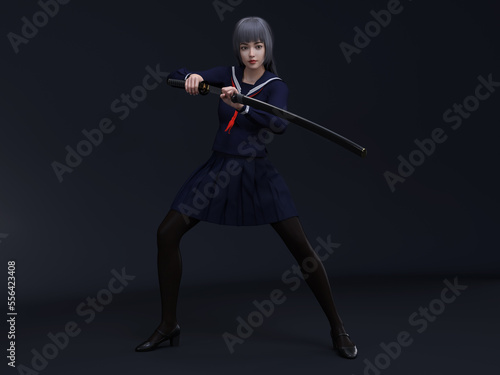 3D Render : a character of an anime female fighter wearing  japanese style student uniform and holding the long katana sword