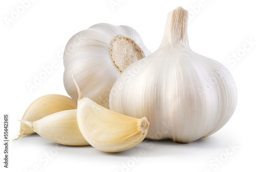Garlic bulb and clove isolated. Garlic bulbs with cloves on white background. White garlic bulb composition. With clipping path. Full depth of field. photo