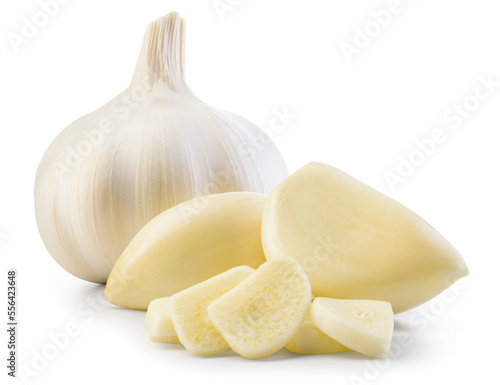 Garlic bulb and clove isolated. Garlic bulbs with chopped cloves on white background. White garlic bulb composition. With clipping path. Full depth of field.