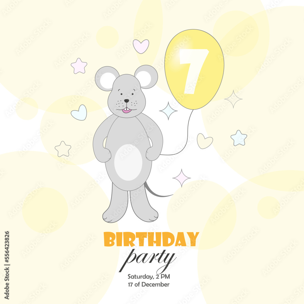 A postcard, an invitation to a birthday party with a mouse with a balloon in its paw with the number 7. Vector illustration