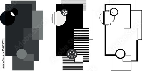 Collection of three vector geometric abstract drawings. Black and white pattern of circles, rectangles and lines for posters, prints, covers, wallpaper. Concept of wall art.