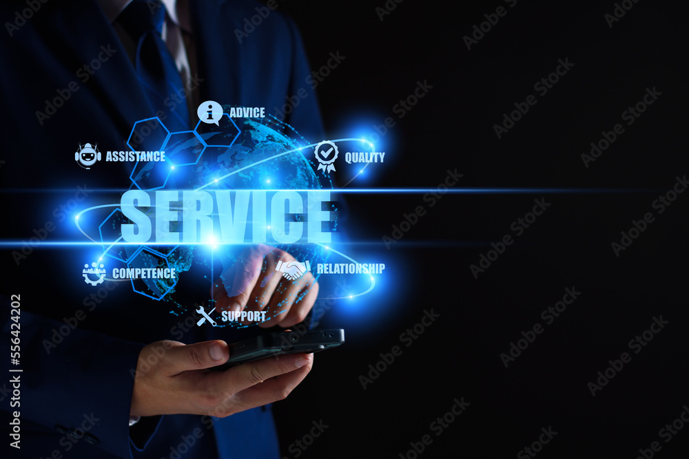 Fototapeta premium Business service online digital technology. Businessman touching digital globe hologram. Quality business relationship. customer service advice and support. Technology robot assistance online services