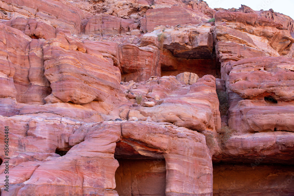 Sandstone rock caves formations in Petra, Jordan, UNESCO World Heritage Site