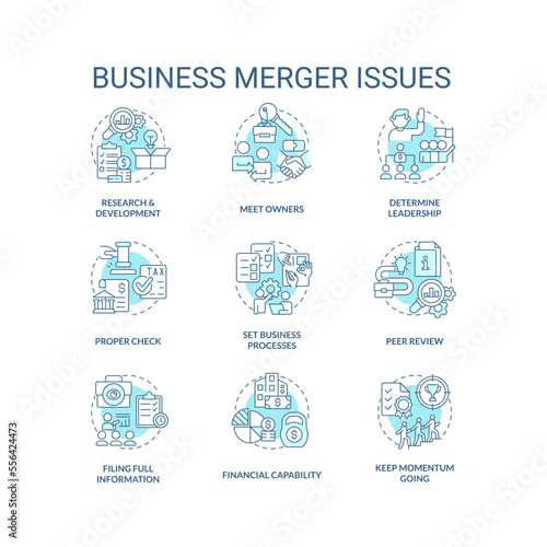 Business merger issues turquoise concept icons set. Corporate acquisition idea thin line color illustrations. Arrangement. Isolated symbols. Editable stroke. Roboto-Medium, Myriad Pro-Bold fonts used