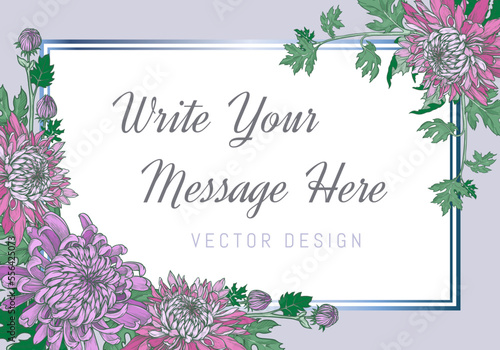 Horizontal floral frame of pink and purple chrysanthemums. Wedding, anniversary or holiday invitation template. Hand drawn vector illustration.