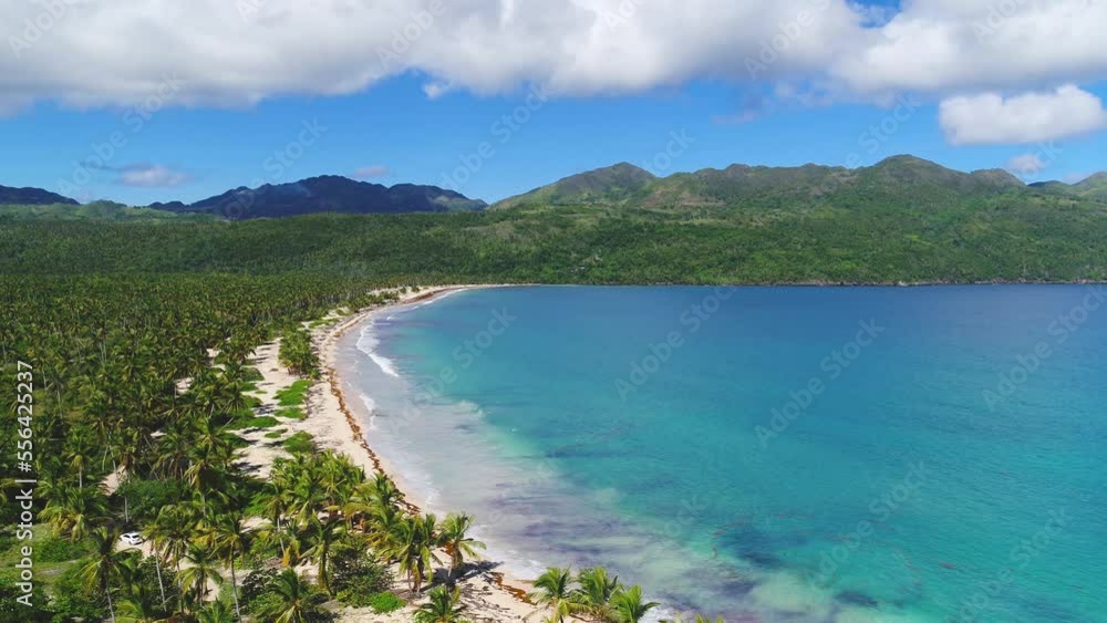 Dominican beach, top view. Sea bay near the tropical Samana Peninsula. Palm grove on the ocean coast. Tropical beach background on a sunny summer day. Dominican beach, top view. Sea bay near the tropical Samana Peninsula. Palm grove on the ocean coast. Tropical beach background on a sunny summer day.