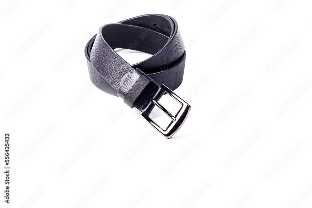 Studio lighting. men's belt in black. background white close-up. Studio lighting. men's belt in black. background white close-up.