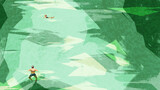 夏の休暇に川で泳ぐ人達の手描き水彩風イラスト