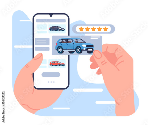 Buy or rent car. Mobile app. Vehicle selling service. Hands holding device. Person choosing automobile. Smartphone application. Online auto dealership. Transport sale. Vector concept