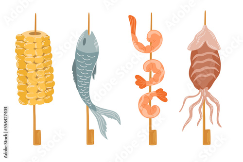 Food on a stick. Squid, Fish, Shrimp and corn. Yakitori set with different servers, for asian fast food and take out restaurants. Asian Food. Vector hand draw cartoon illustration.