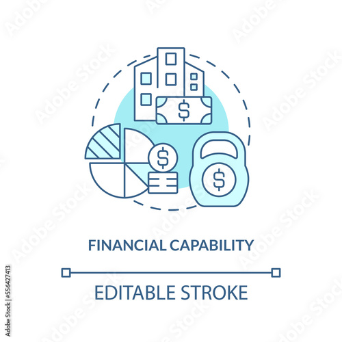 Financial capabilities turquoise concept icon. Merge teams successfully abstract idea thin line illustration. Isolated outline drawing. Editable stroke. Arial, Myriad Pro-Bold fonts used