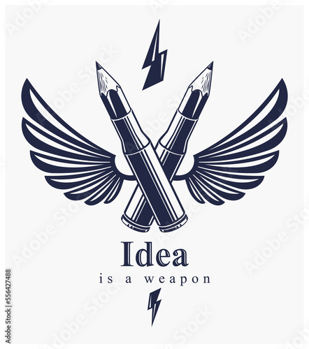 Idea is a weapon concept, weapon of a designer or artist allegory shown as a winged firearm cartridge cases with pencils instead of bullet, creative power, vector logo or icon.