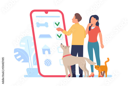Dog or cat owners buy pet toys from online store. Internet shopping. Mobile application. Veterinary shop. Man and woman choose goods for domestic animals. Smartphone screen. Vector concept