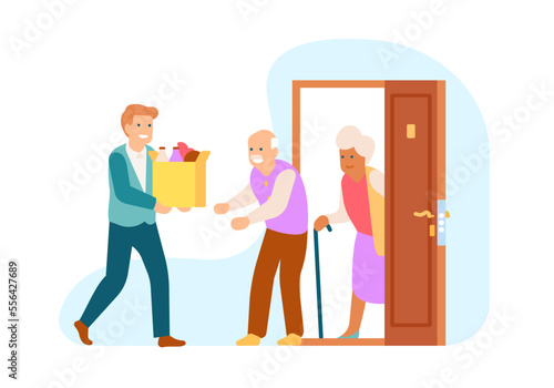 Elderly couple receives bag of groceries from man. Food order service. Volunteers help for pensioners. Courier delivery. Charity box. Person carrying purchase to door. Vector concept