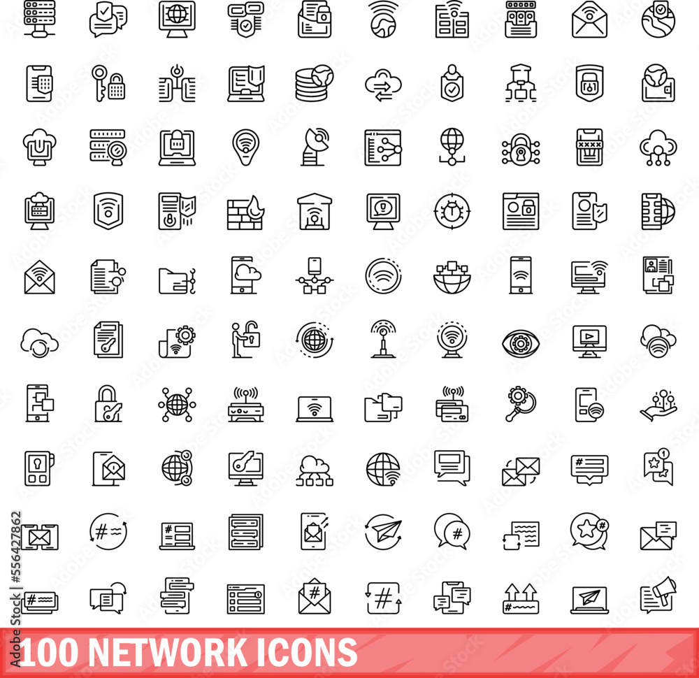 100 network icons set. Outline illustration of 100 network icons vector set isolated on white background 100 network icons set. Outline illustration of 100 network icons vector set isolated on white background