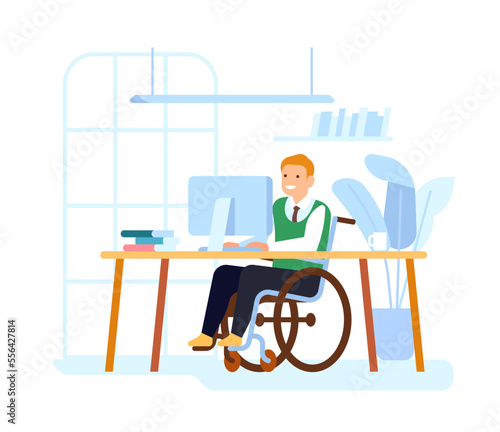 Employee with disability works in office. Handicap man sitting in wheelchair at computer. Paralyzed business worker. Disabled person employment. Equal accessibility. Vector concept