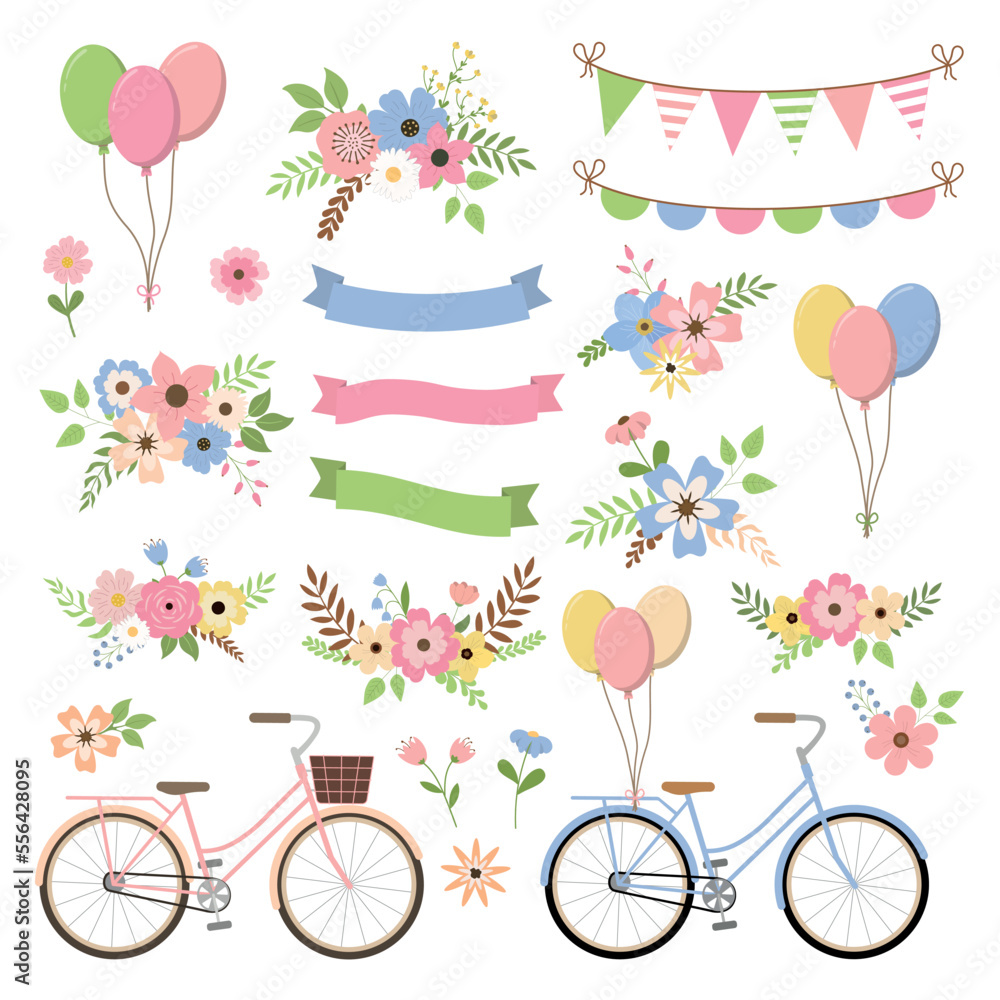 Hand drawn vintage flower bouquet set with bikes, balloons, ribbons, party buntings. Save the date design. Isolated on white background Vector wedding set with summer flowers, ribbons and bicycle.