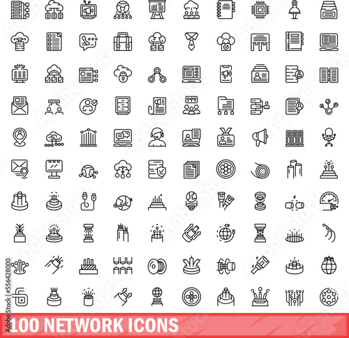 100 network icons set. Outline illustration of 100 network icons vector set isolated on white background