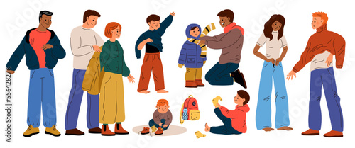 Kids putting clothes. Cute people dressing. Woman fitting jeans. Men wear warm sweater and jacket. Baby trying on socks and boots. Parents help children get dressed. Garish vector set