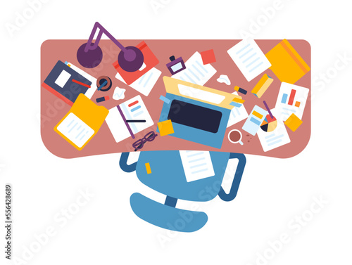 Messy workplace top view. Office table with laptop or notepads. Chaotic pages on desktop. Lamp and coffee cup. Disorganized documents. Students or business workers desk. Vector concept