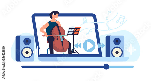 Music performer playing at online concert. Cellist performance web broadcast. Man with cello. Video player. Laptop screen. Blogger audio streaming. Musical instrument. Vector concept