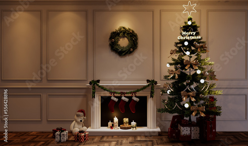 christmas tree with gifts and decorations 3D render 