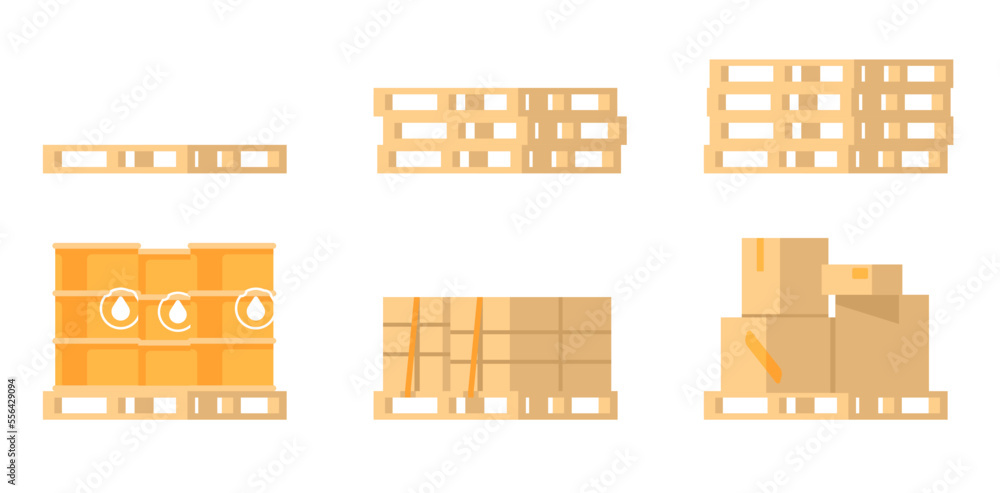 Fototapeta premium Pallet with cargo. Warehouse storage. Freight transportation. Logistic distribution. Merchandise shipping in storehouse. Cardboard boxes. Stacked crates. Vector wooden platforms set