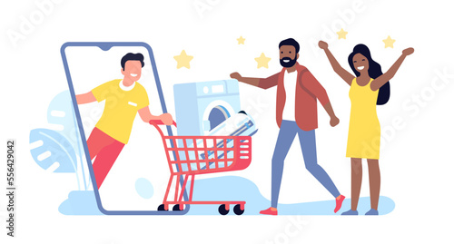 Online electronics store. People buy appliances over phone. Mobile shopping application. Washer and conditioner in shop cart. Smartphone screen. Customer making purchases. Vector concept